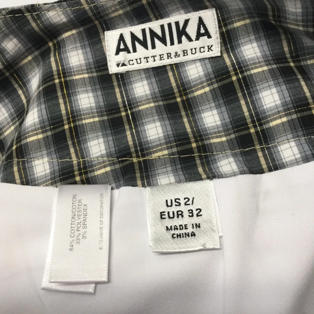 Annika CUTTER AND BUCK sz 2 Golf Skort Plaid Printed Pockets Black Gray Gold